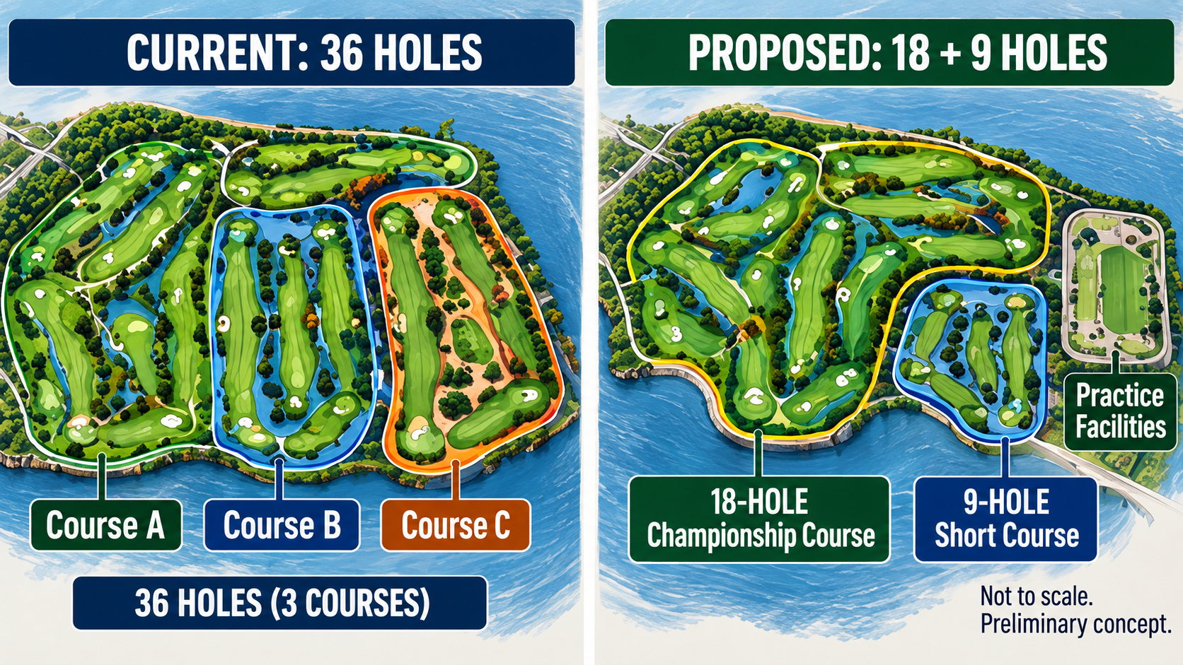Conceptual comparison of East Potomac's existing 36-hole layout with a proposed 18-hole championship course and nine-hole short course