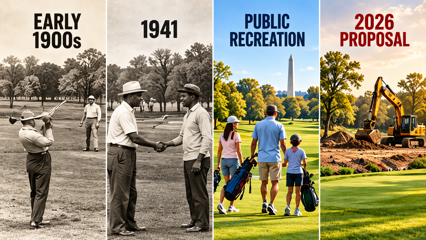 Illustrated history timeline of East Potomac public golf in Washington from its early twentieth-century opening to today's redevelopment debate