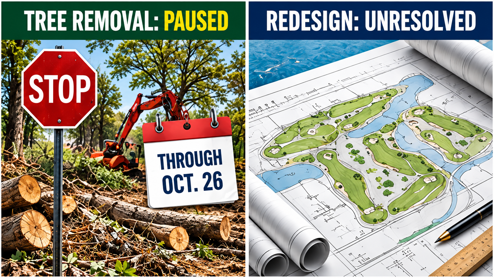 Legal infographic distinguishing temporary restrictions on additional tree removal from the broader proposed golf course renovation