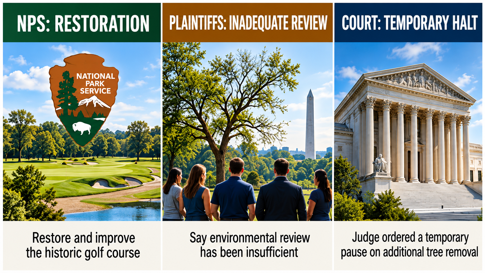 Side-by-side infographic comparing the National Park Service's landscape-restoration rationale with preservationists' concerns about the East Potomac tree removals