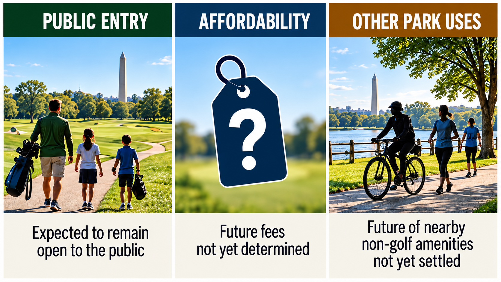 Public-access infographic distinguishing the promise of a publicly open golf course from unresolved questions about green fees and other park uses