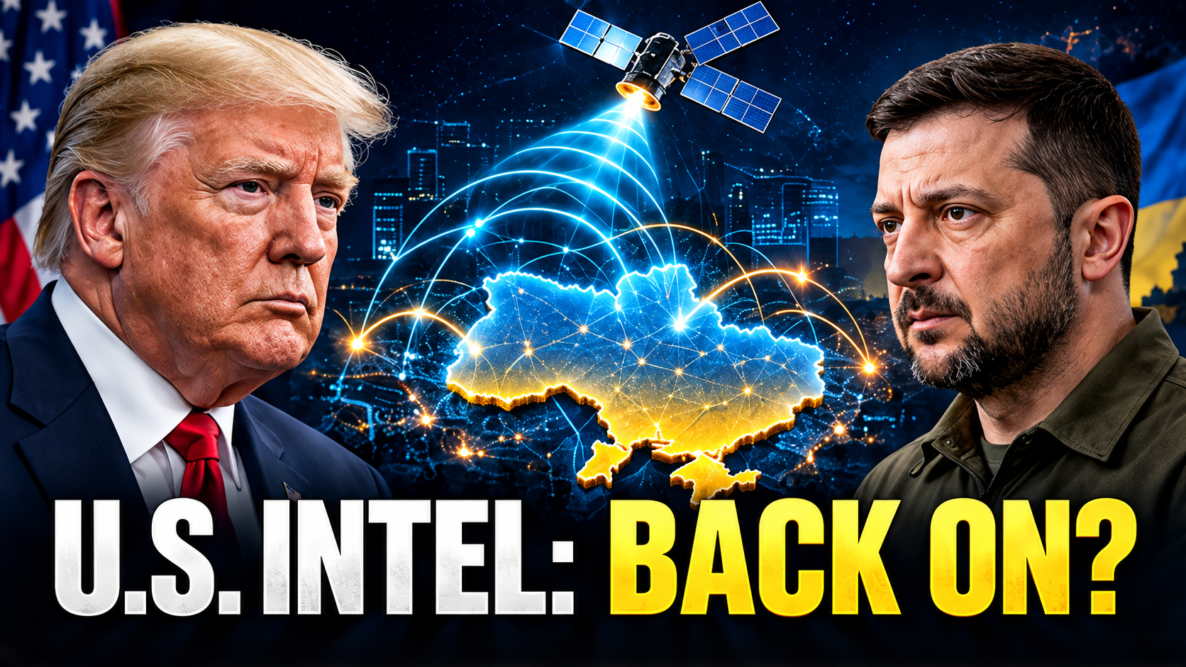 Editorial illustration of Donald Trump and Volodymyr Zelenskyy with a satellite warning network over Ukraine