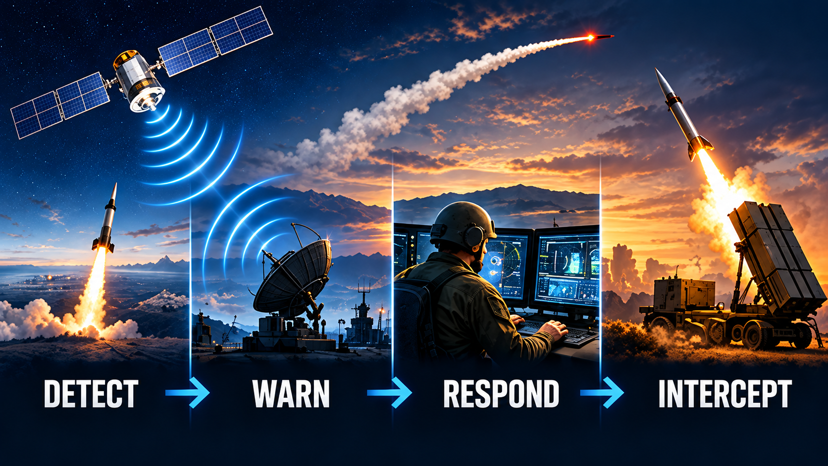 Diagram showing how satellite missile detection, early warnings, Ukrainian air defense decisions, and interceptor launches fit together
