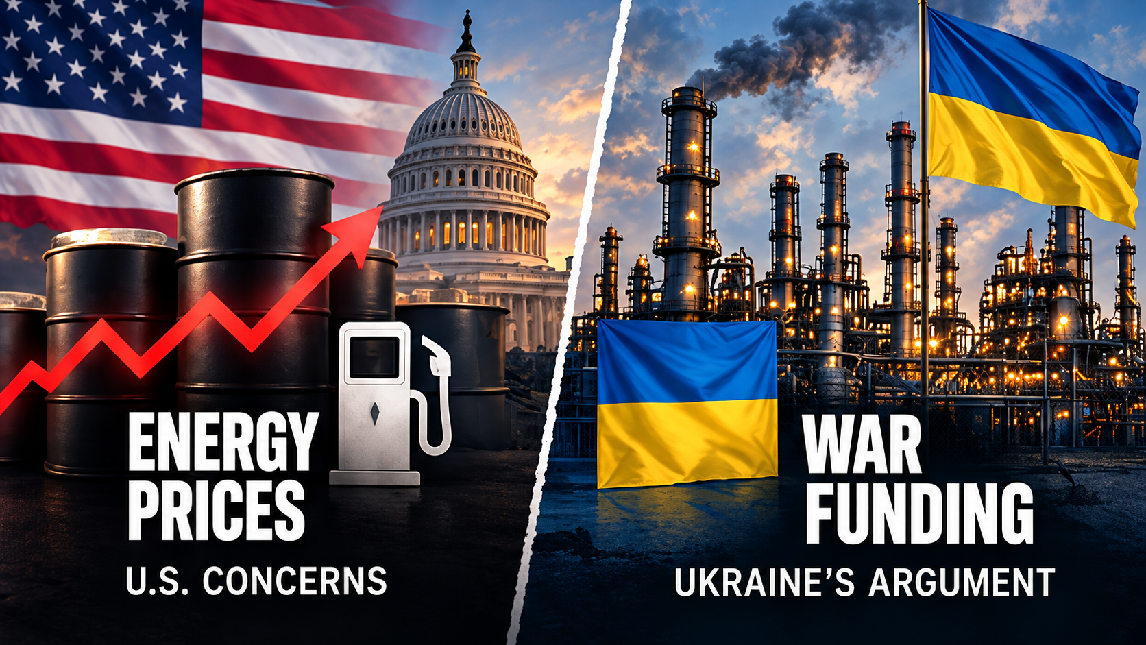 Editorial infographic contrasting U.S. concerns about Russian refinery strikes with Ukraine's argument that oil infrastructure finances Russia's war