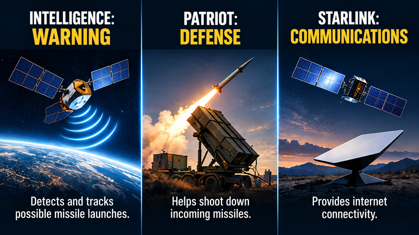 Three-part infographic explaining the different roles of missile-warning intelligence, Patriot air defense systems, and Starlink satellite communications