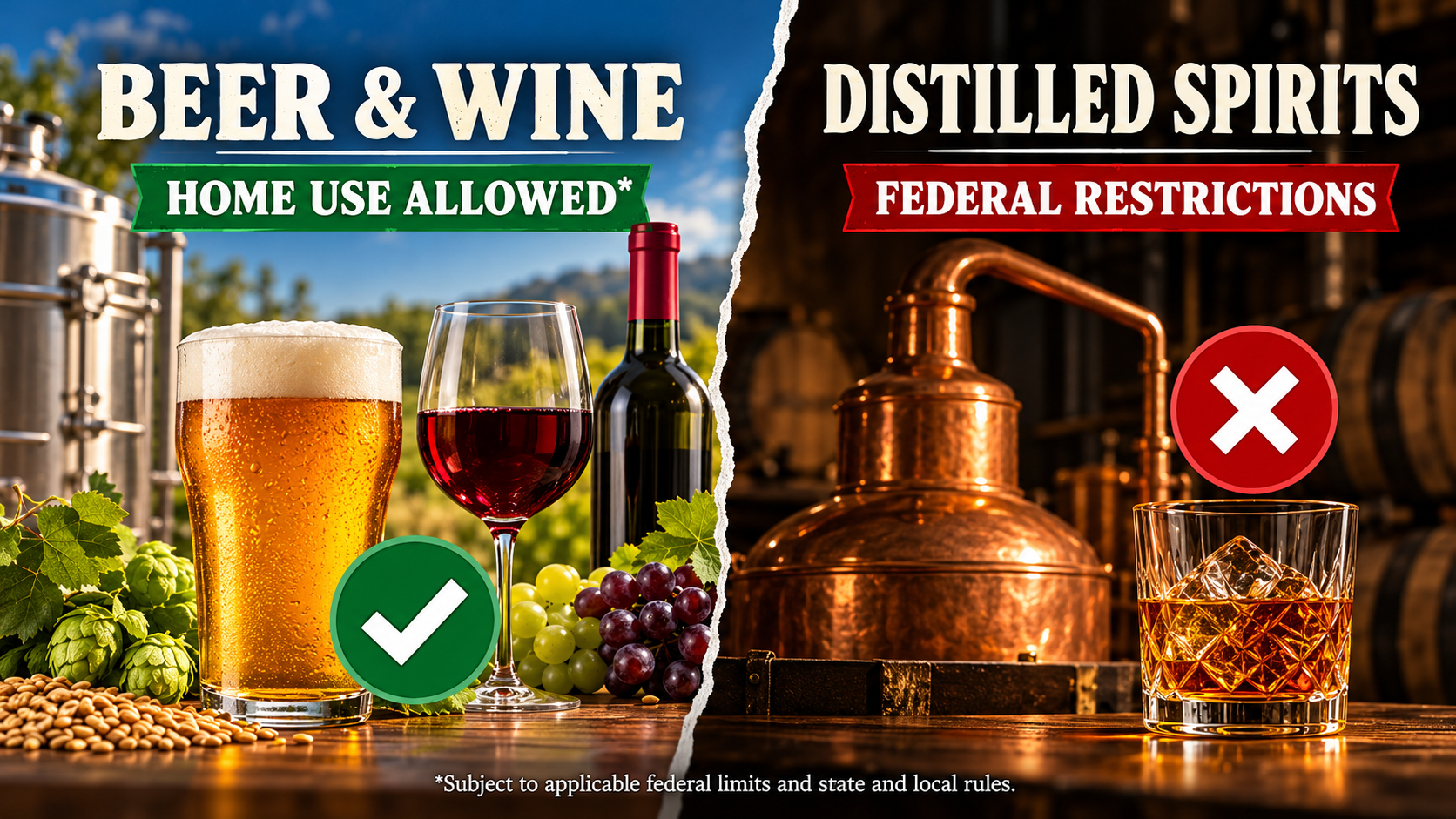 Side-by-side infographic comparing legal home beer brewing with federally restricted home whiskey distillation