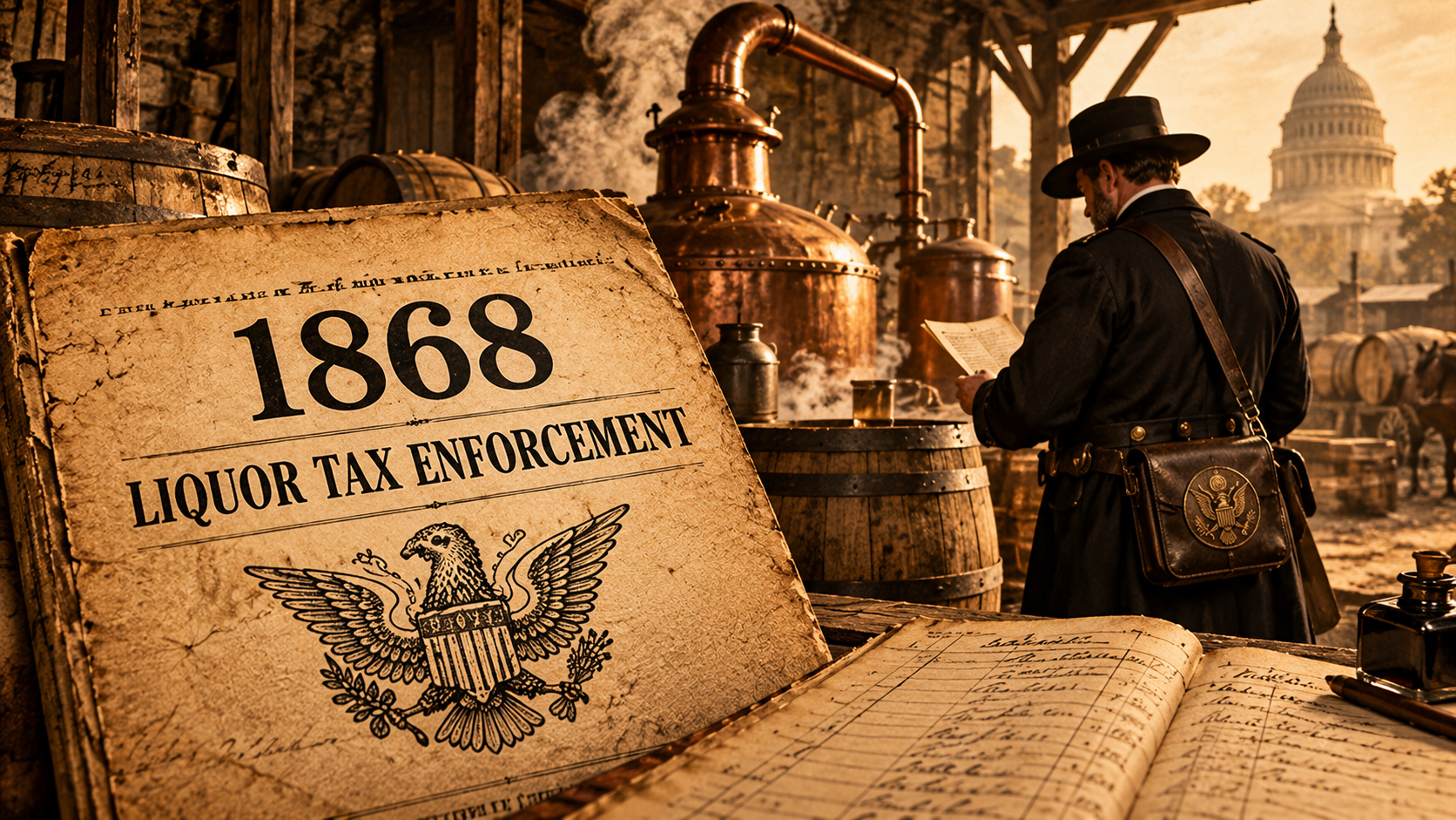 Historical illustration showing federal alcohol-tax enforcement and distilling restrictions in post-Civil War America in 1868