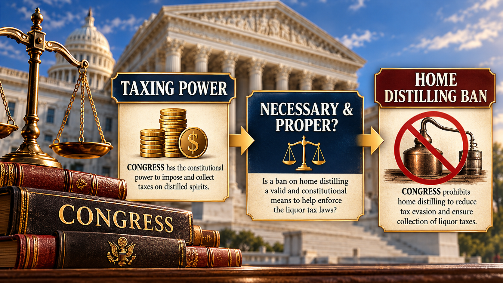 Constitutional infographic illustrating Congress's power to tax distilled spirits and the disputed authority to prohibit home distilling