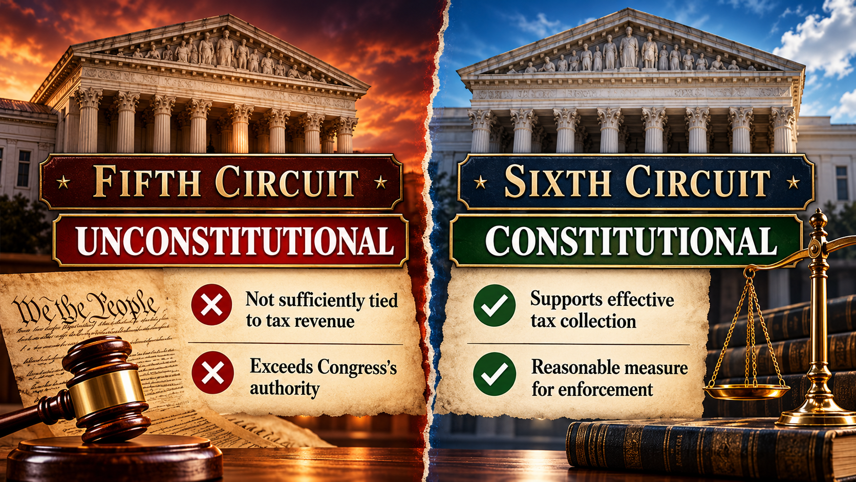 Comparison graphic showing the Fifth Circuit rejecting and the Sixth Circuit upholding the federal home distilling restriction