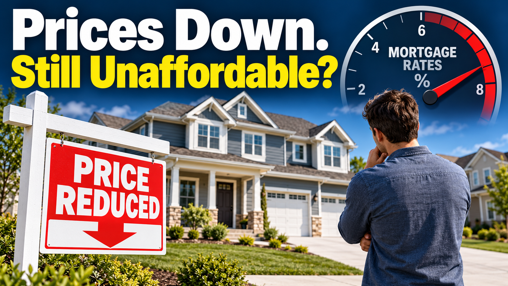 Editorial illustration of an American new home with a price-cut sign, a high mortgage-rate gauge, and a hesitant prospective buyer