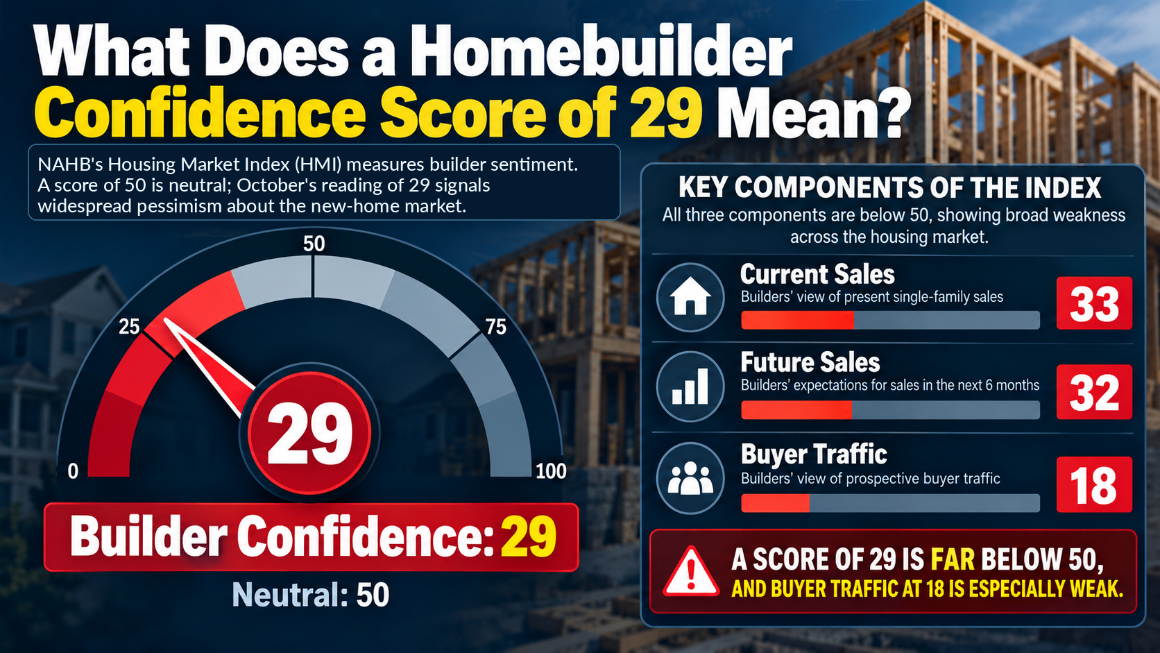 Infographic showing the October 2026 U.S. builder confidence index at 29, with current sales at 33, future expectations at 32, and buyer traffic at 18