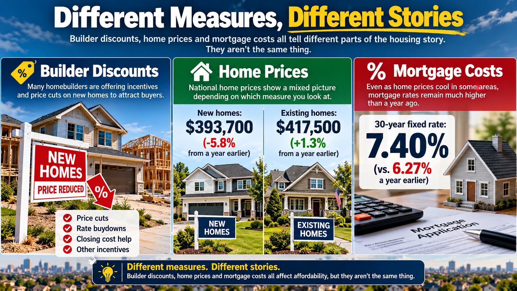 Comparison infographic distinguishing homebuilder price reductions from national median home prices and mortgage borrowing costs