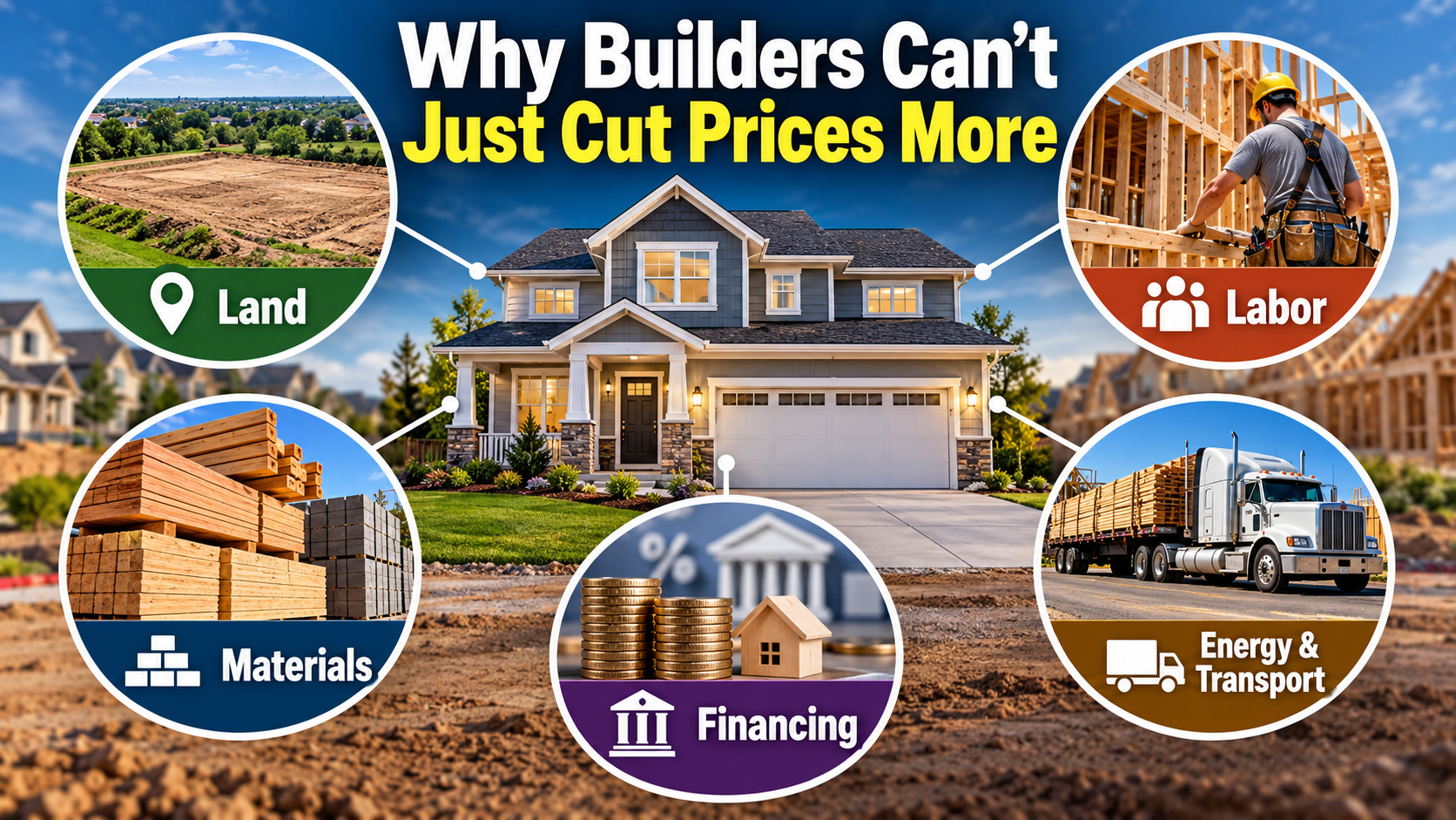 Diagram showing land, labor, construction materials, financing, and energy costs surrounding a newly built American house