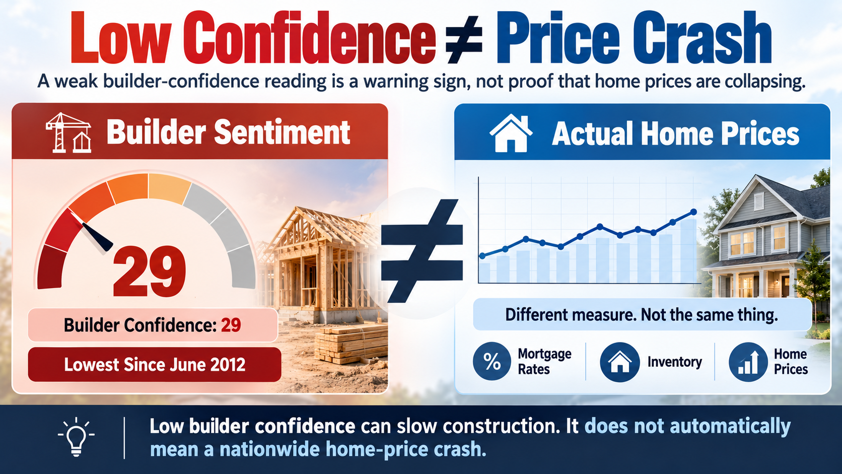 Housing market infographic distinguishing low builder confidence from an actual housing price crash
