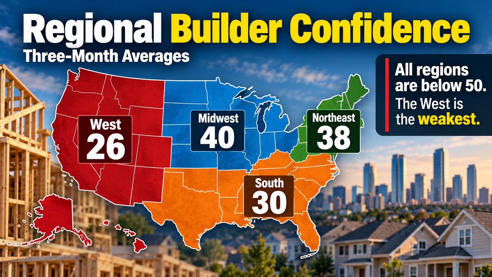 Map infographic of the United States showing October 2026 regional homebuilder confidence readings of 38 in the Northeast, 40 in the Midwest, 30 in the South, and 26 in the West