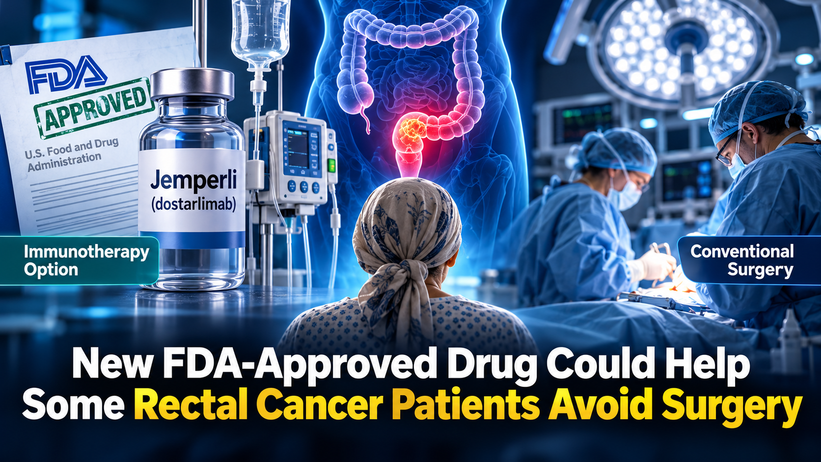 Editorial medical illustration showing a rectal cancer treatment decision between immunotherapy and conventional surgery