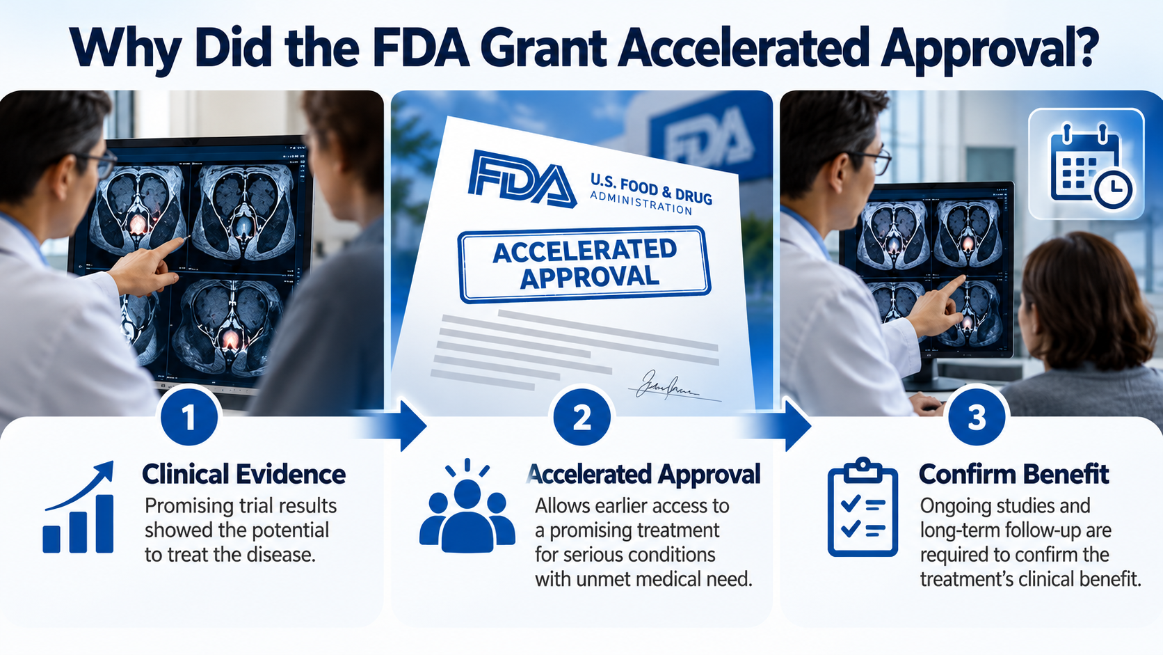 Regulatory pathway infographic showing FDA accelerated approval followed by confirmatory studies and possible traditional approval