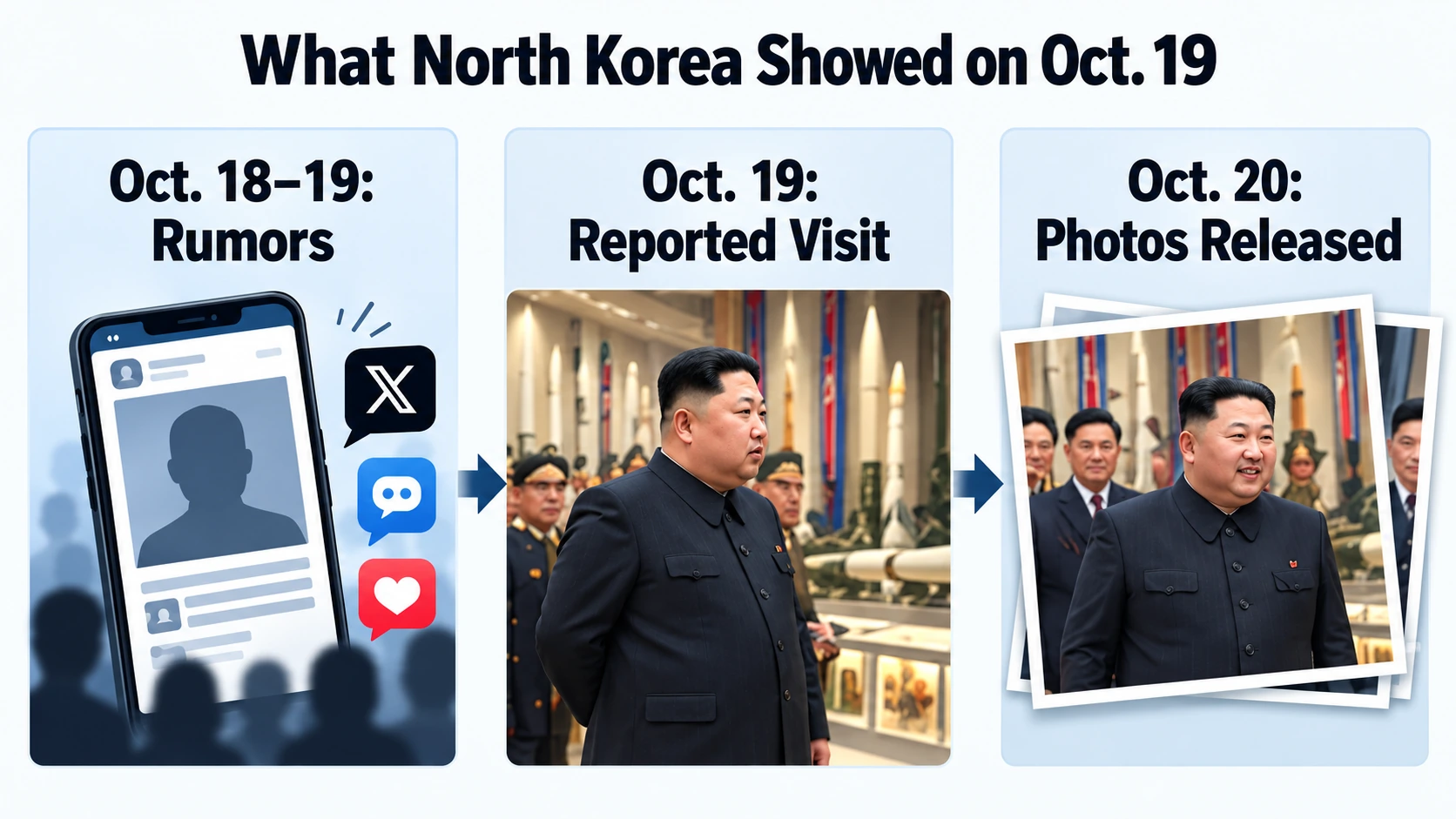 Timeline comparing the spread of Kim Jong Un death rumors with North Korea's reported exhibition visit and release of photographs
