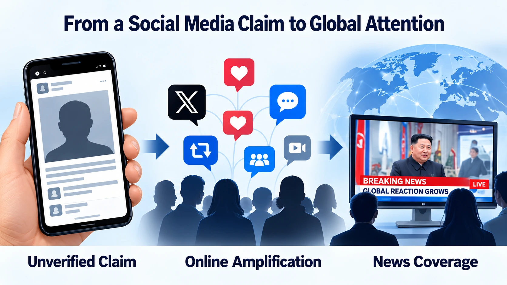Information flow diagram showing an unsupported social media claim spreading to news coverage and international audiences