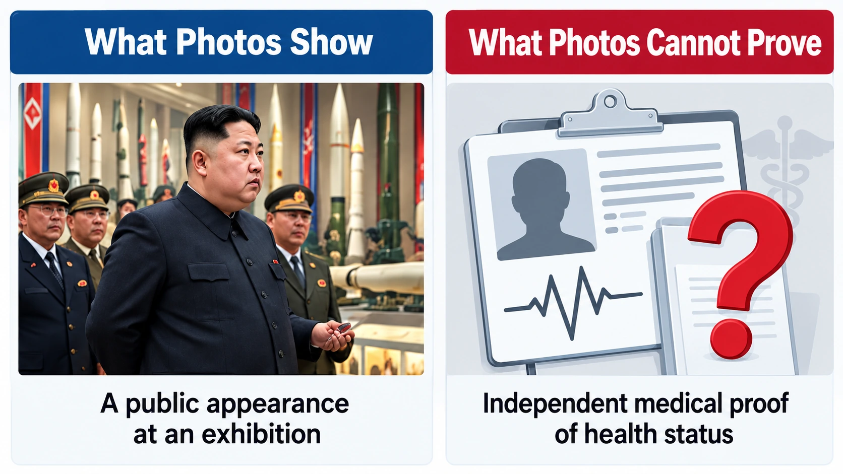 Infographic distinguishing what North Korean state media photographs show from medical facts they cannot independently establish