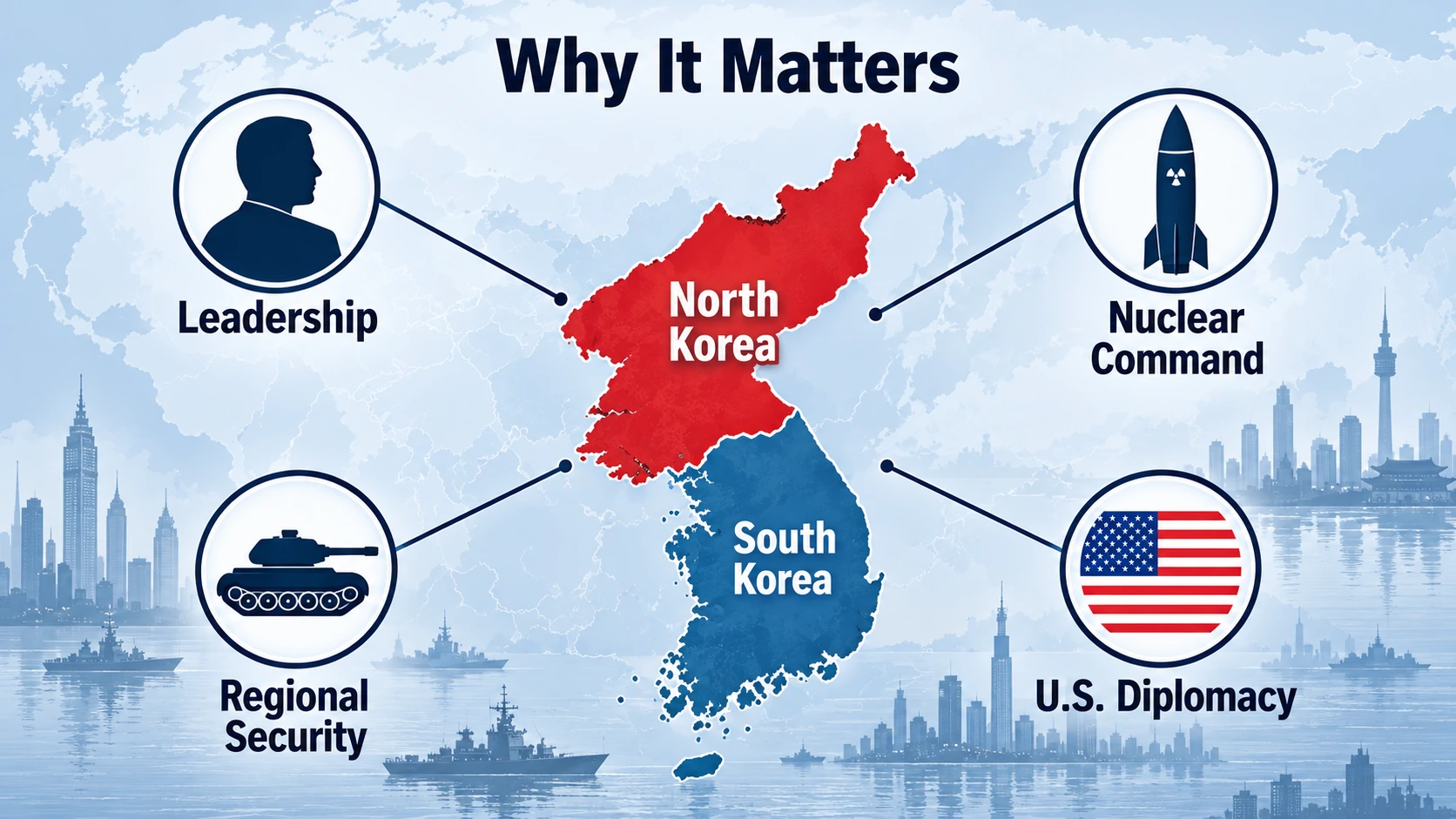 Geopolitical infographic linking North Korea's leadership uncertainty to nuclear command, South Korean security and United States diplomacy