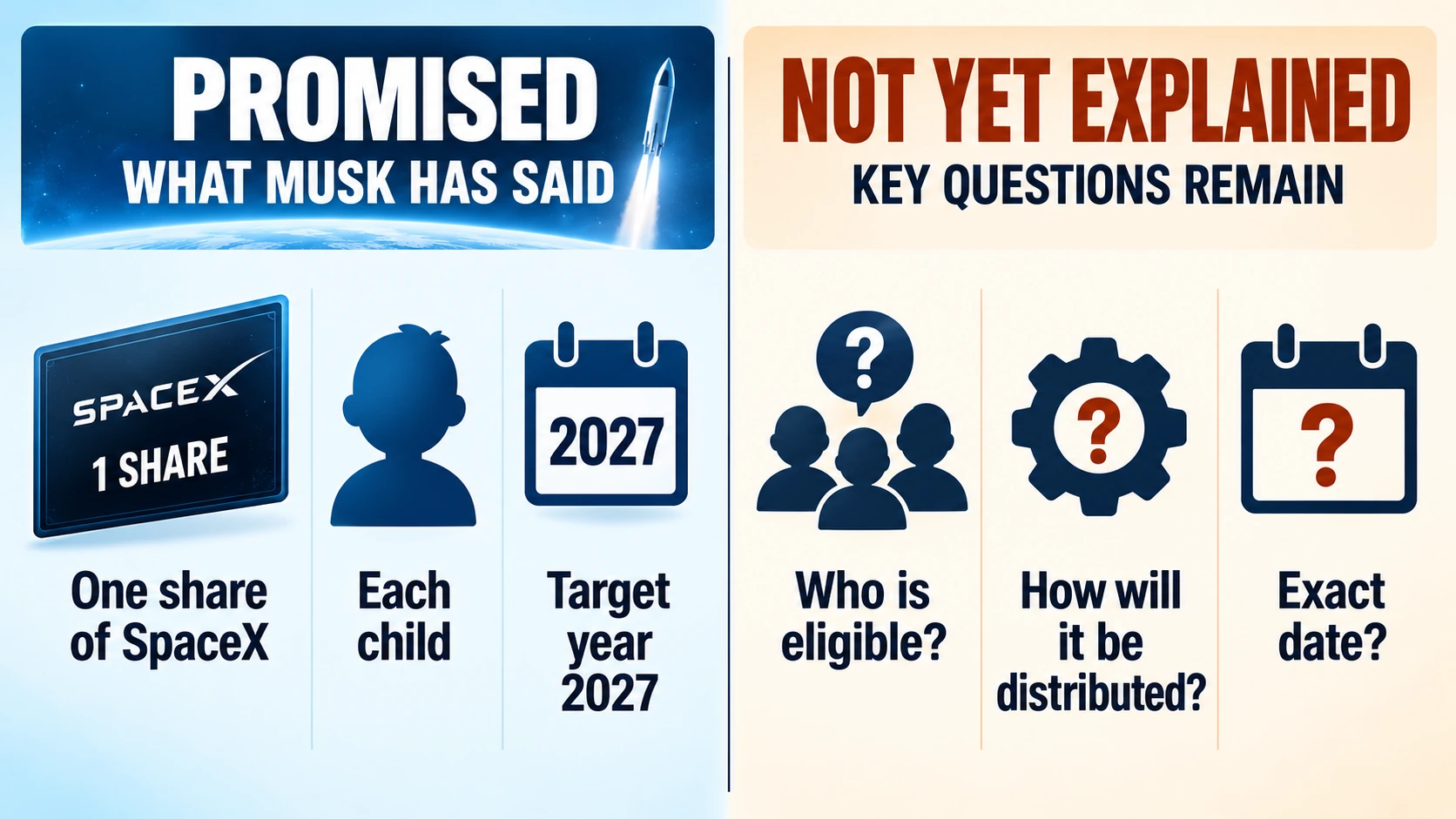 Split infographic comparing Elon Musk's announced SpaceX share pledge with unresolved eligibility and delivery questions