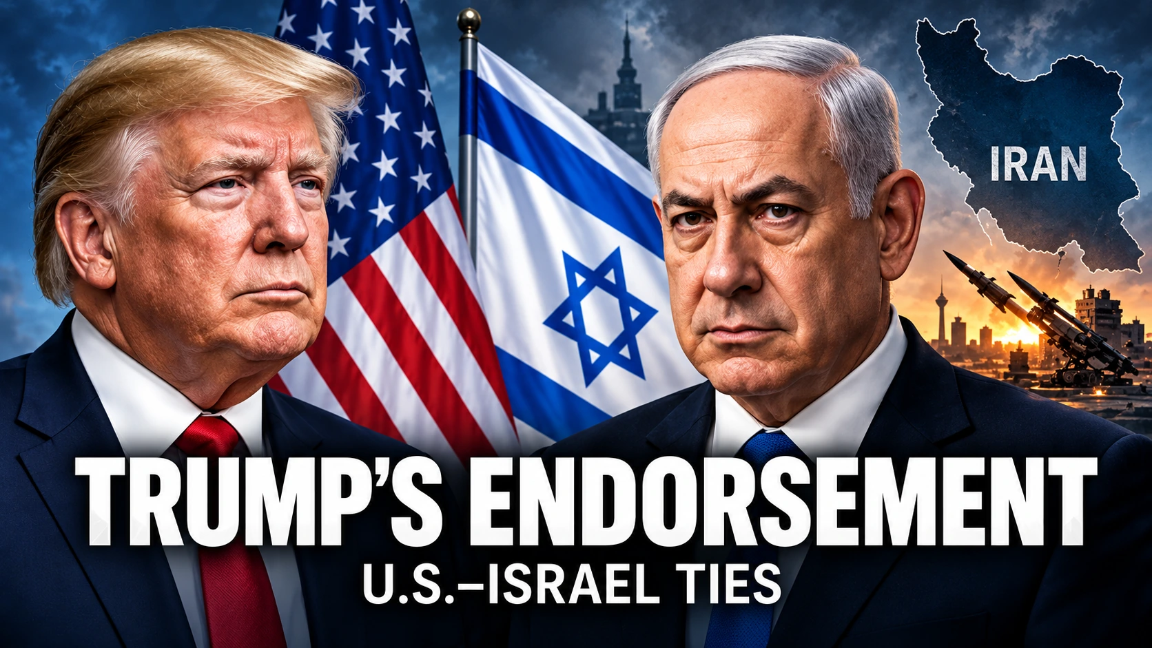 Editorial infographic showing Donald Trump's public endorsement of Benjamin Netanyahu alongside the strategic relationship between the United States, Israel, and Iran