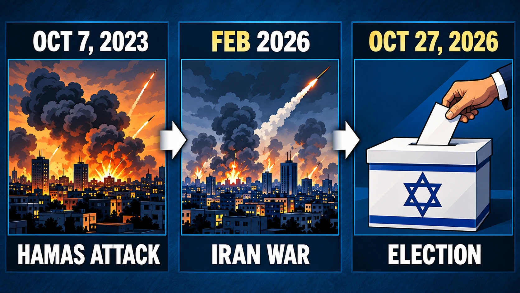 Timeline showing the October 7, 2023 Hamas attack, the February 2026 U.S.–Israel strikes on Iran, and Israel's October 27, 2026 parliamentary election