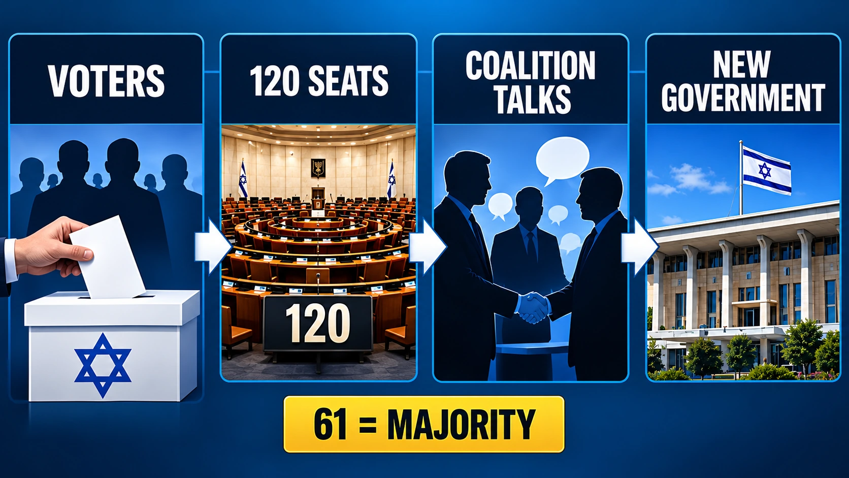 Flowchart explaining how Israeli voters elect parties to the 120-seat Knesset, followed by coalition negotiations and the formation of a government