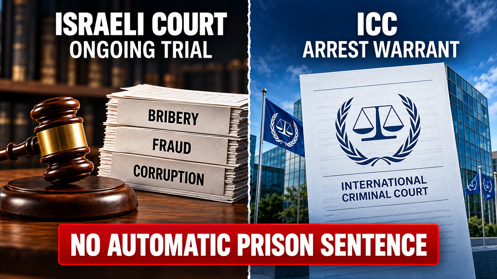 Two-track legal infographic distinguishing Benjamin Netanyahu's ongoing Israeli corruption trial from the separate International Criminal Court arrest warrant