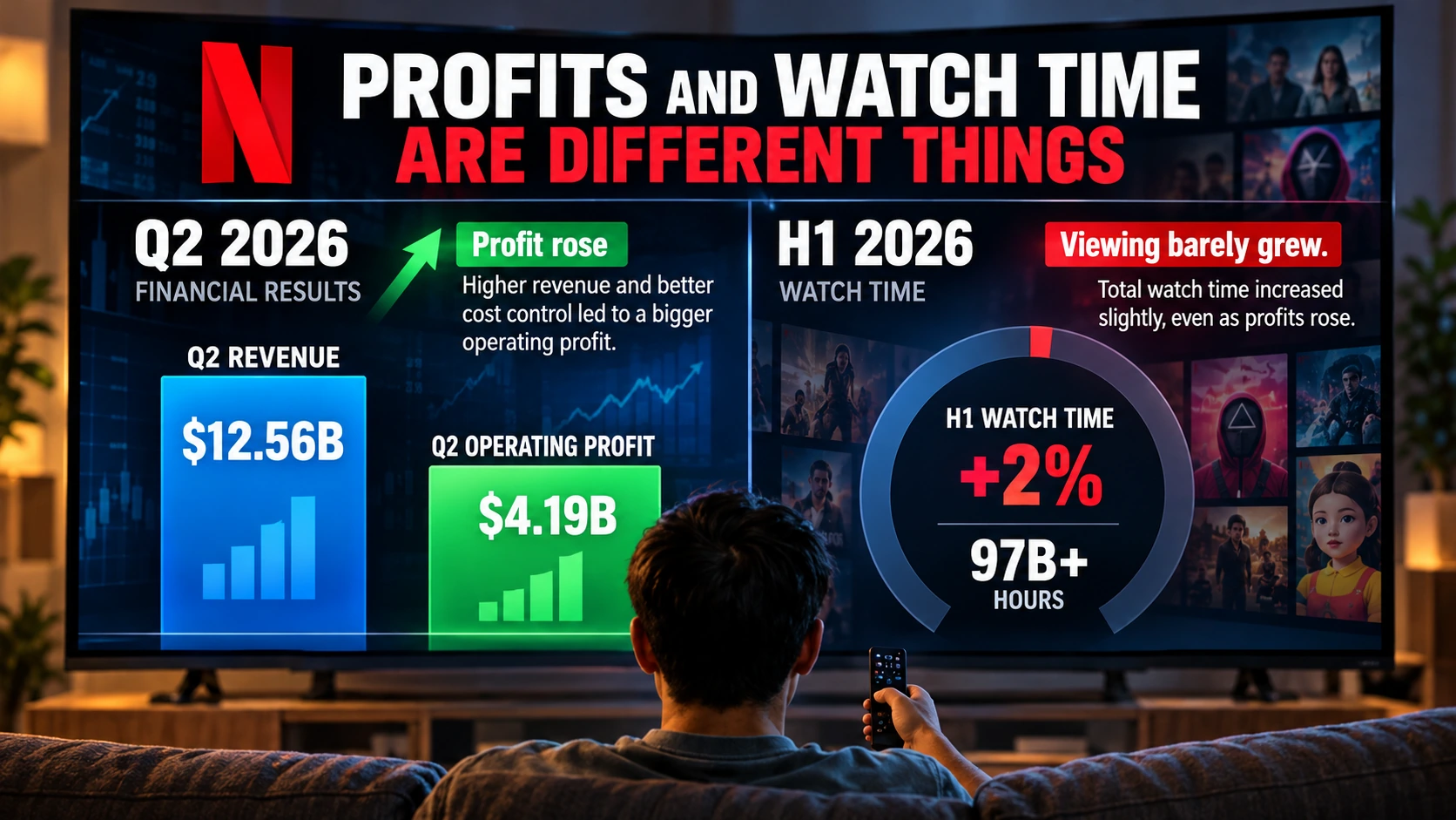 Infographic contrasting Netflix second-quarter financial growth with first-half viewing-hours growth in 2026