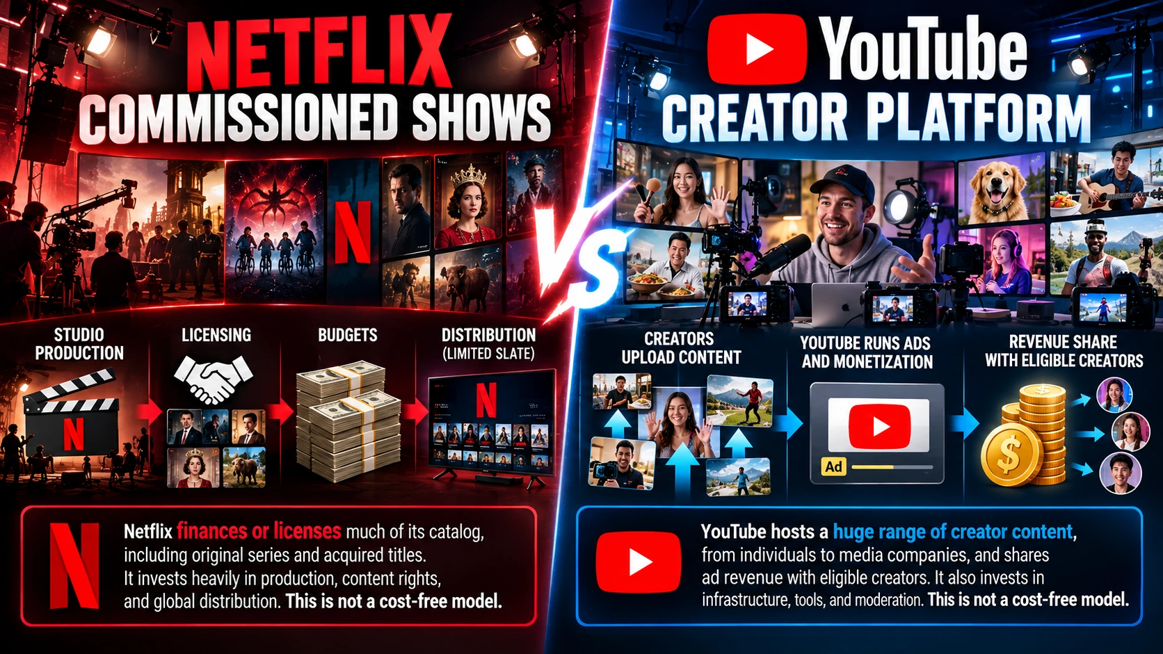 Side-by-side diagram comparing Netflix's commissioned-content business with YouTube's creator-platform model