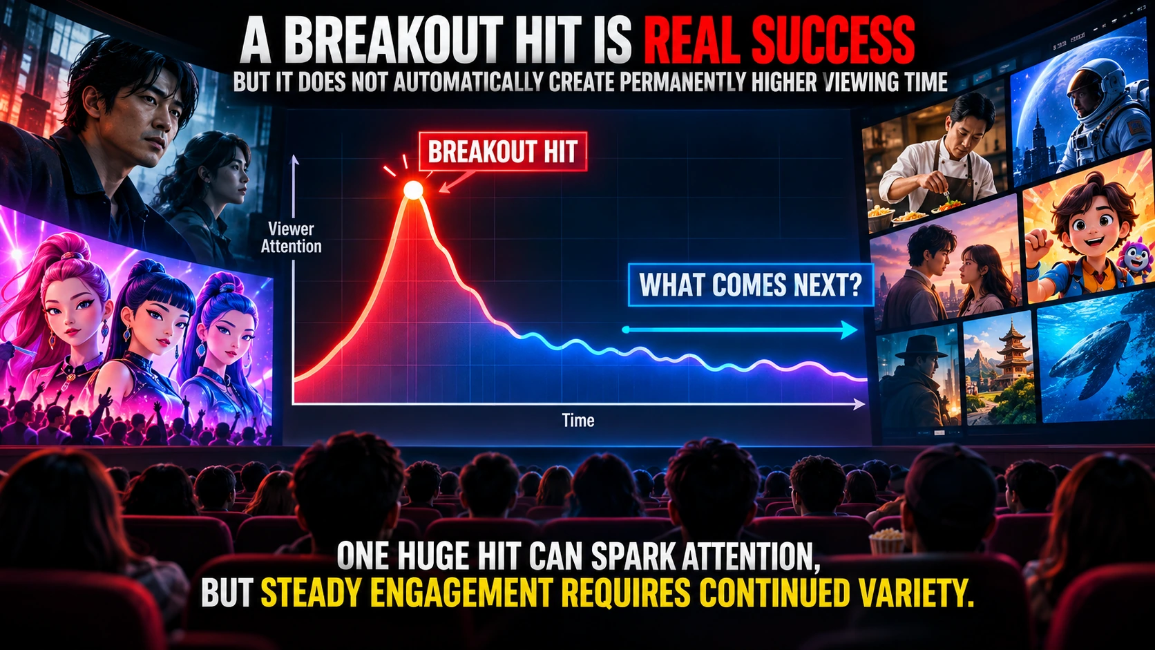 Editorial infographic showing how a major streaming hit creates a burst of audience attention but must be followed by continued engagement