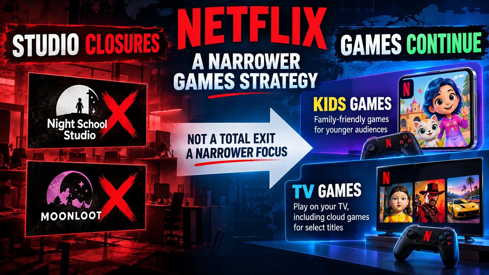 Diagram showing Netflix shifting its games strategy toward selected cloud, kids and party games while closing two internal studios