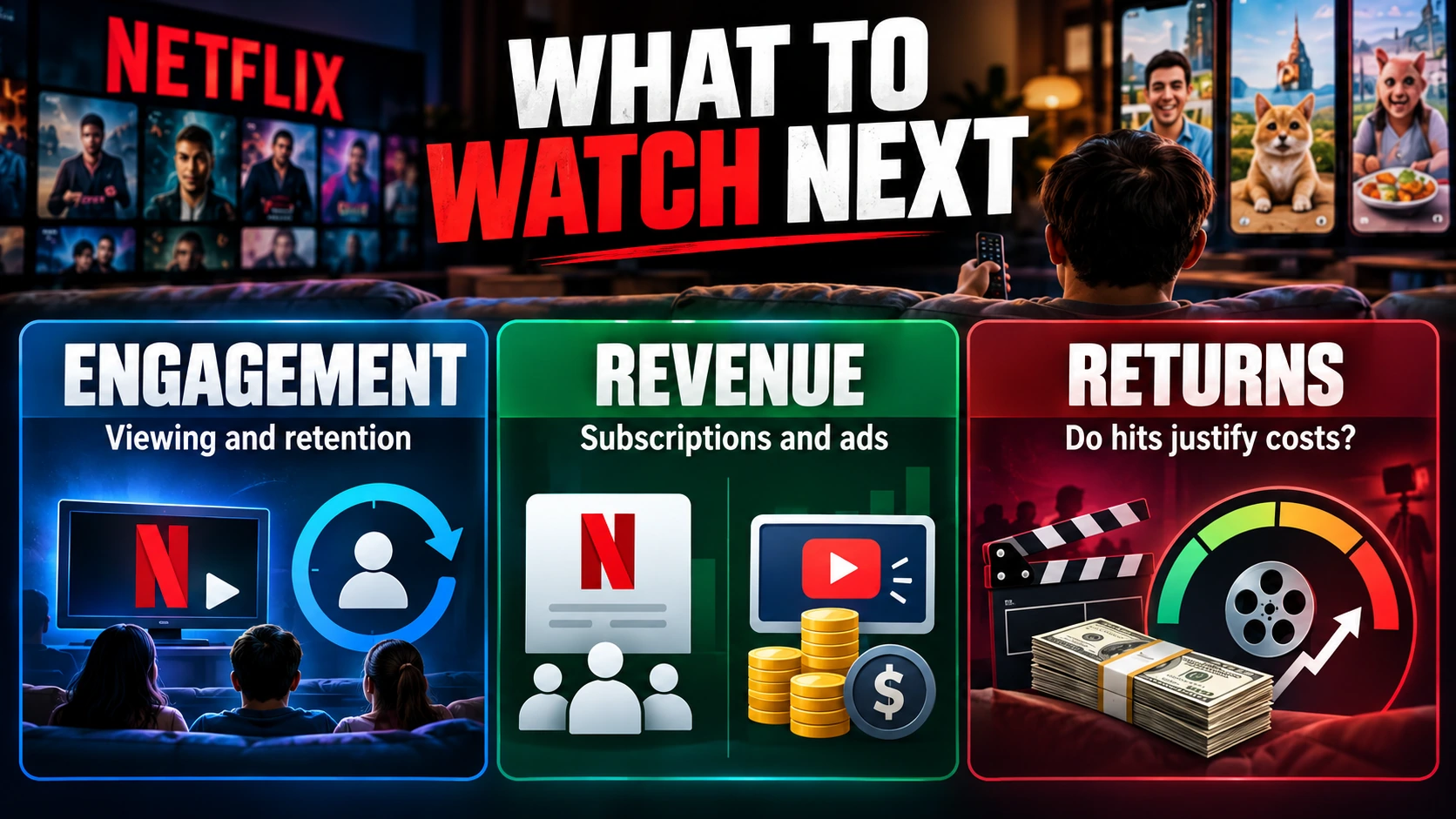 Three-part scorecard for Netflix's future showing audience engagement, subscriber value and investment discipline