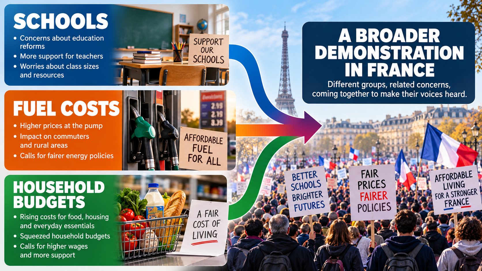 Explanatory flowchart showing how school funding concerns, rising fuel costs, and household financial pressure contributed to broader demonstrations in France