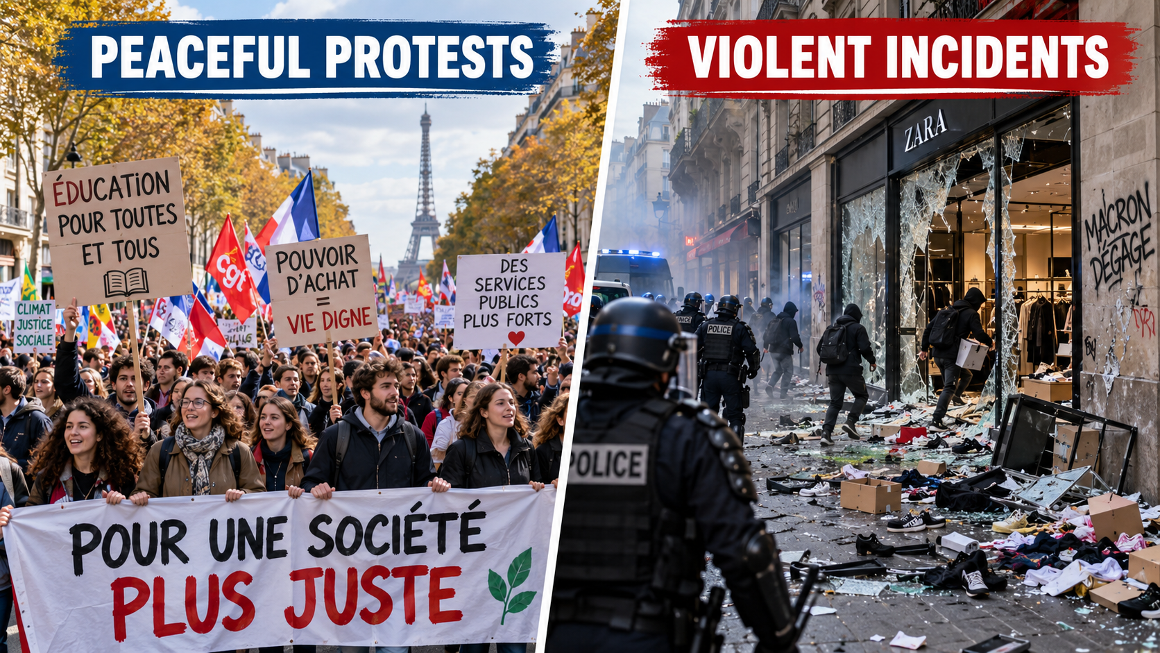 Split-panel infographic distinguishing peaceful demonstrations over schools and living costs from separate incidents of looting and property destruction during France's October 2026 unrest