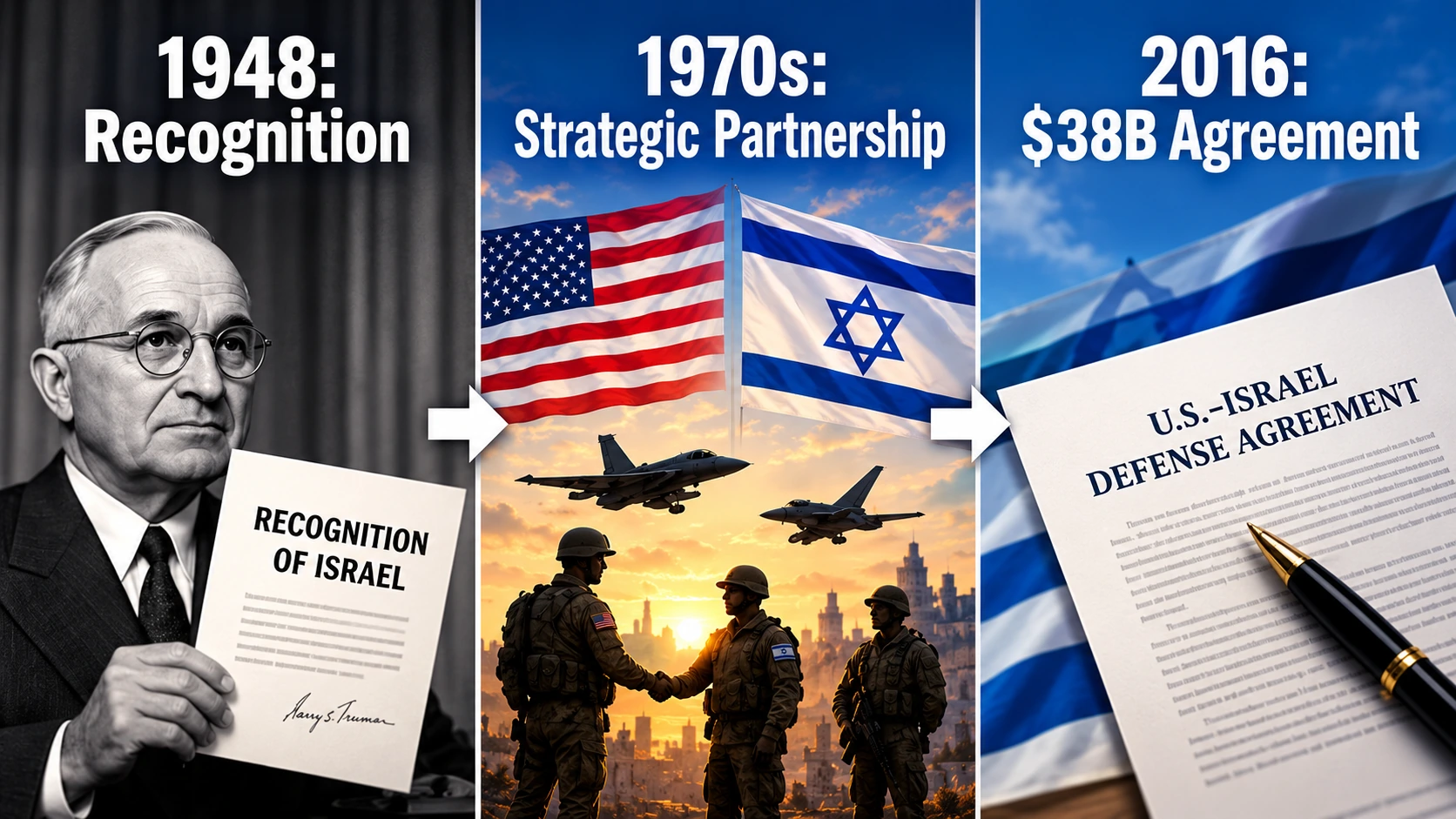 Three-stage timeline showing U.S. recognition of Israel in 1948, expanding strategic cooperation in the 1970s, and the 2016 military aid agreement