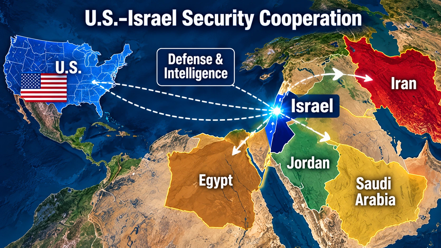 Middle East map showing Israel, Iran, Egypt, Jordan, and Saudi Arabia with a separate United States connection illustrating defense and intelligence cooperation