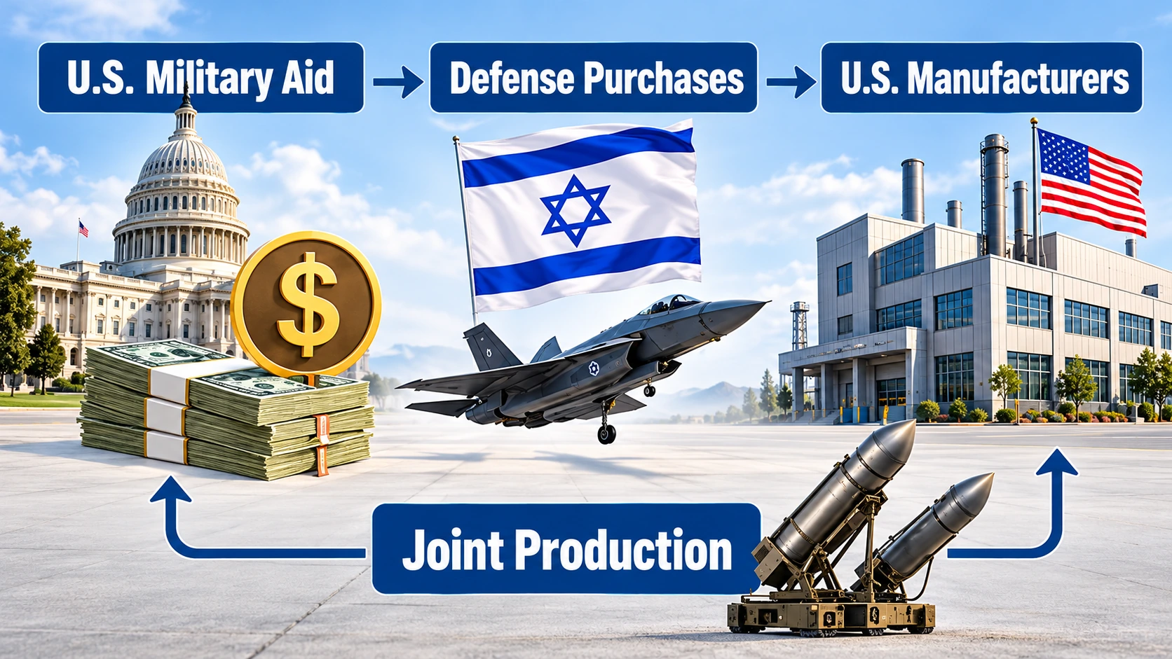 Flowchart showing how U.S. military assistance finances eligible Israeli purchases from American defense manufacturers, alongside joint U.S.–Israeli missile production
