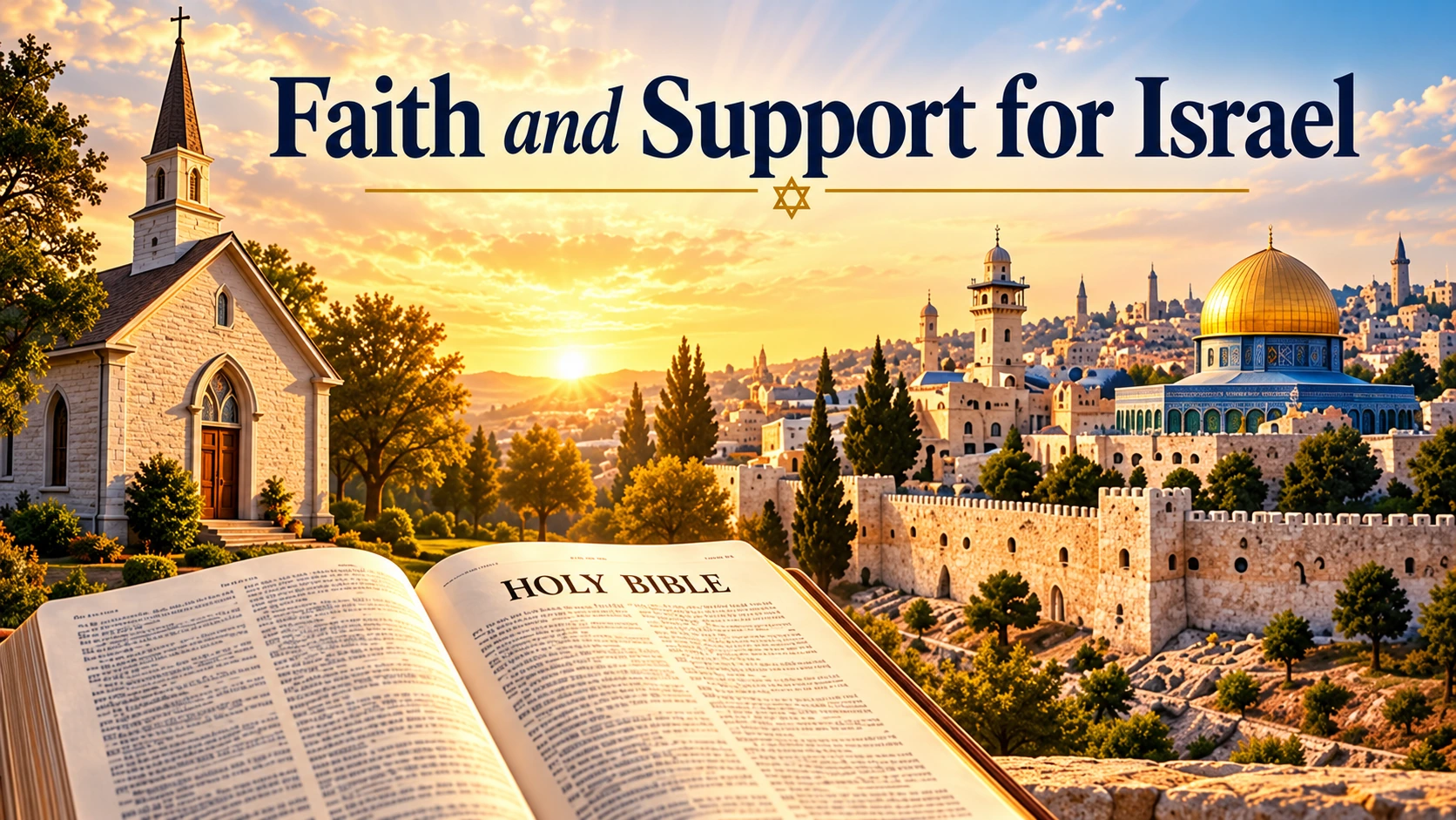 Editorial illustration connecting an American church and open Bible with Jerusalem's historic skyline to explain religious motivations for supporting Israel