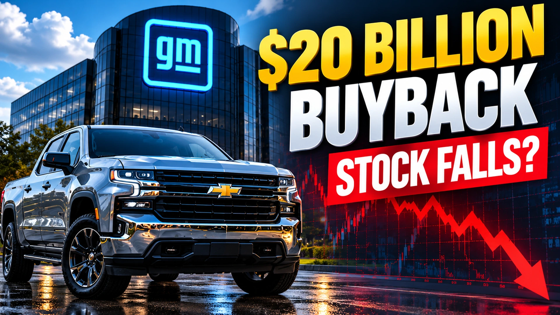 Editorial illustration of a General Motors pickup truck beside a $20 billion stock buyback announcement and a falling stock chart