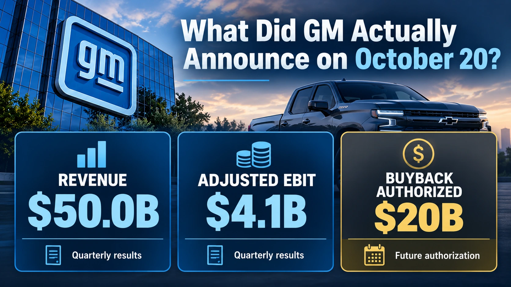 Financial infographic showing General Motors' third-quarter revenue, adjusted operating profit, and new $20 billion share repurchase authorization