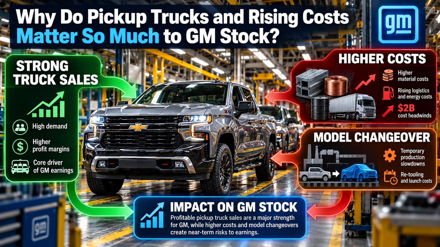 Infographic showing how profitable pickup truck sales, rising material costs, and production changeovers influence General Motors' future earnings