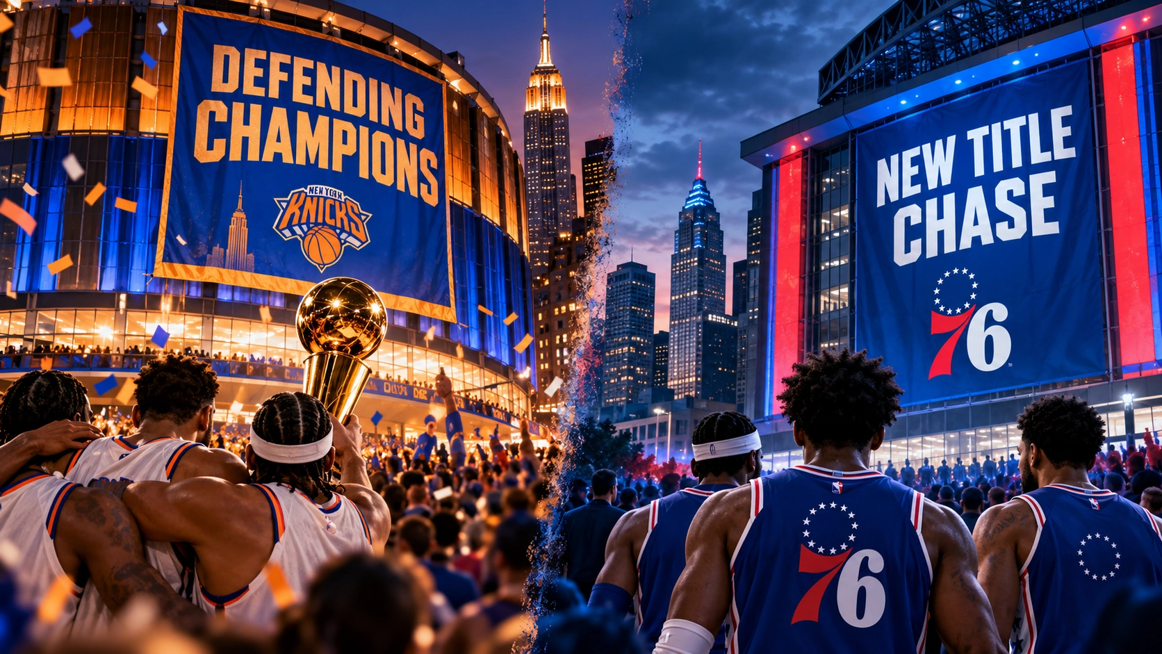 Editorial comparison of the defending NBA champion New York Knicks and LeBron James's new championship pursuit with the Philadelphia 76ers