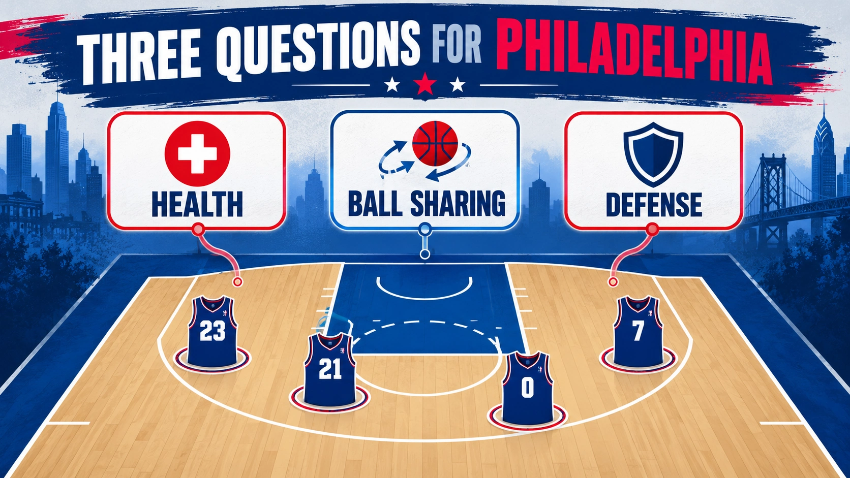 Basketball infographic illustrating the three major challenges facing the Philadelphia 76ers: player health, team chemistry, and managing minutes