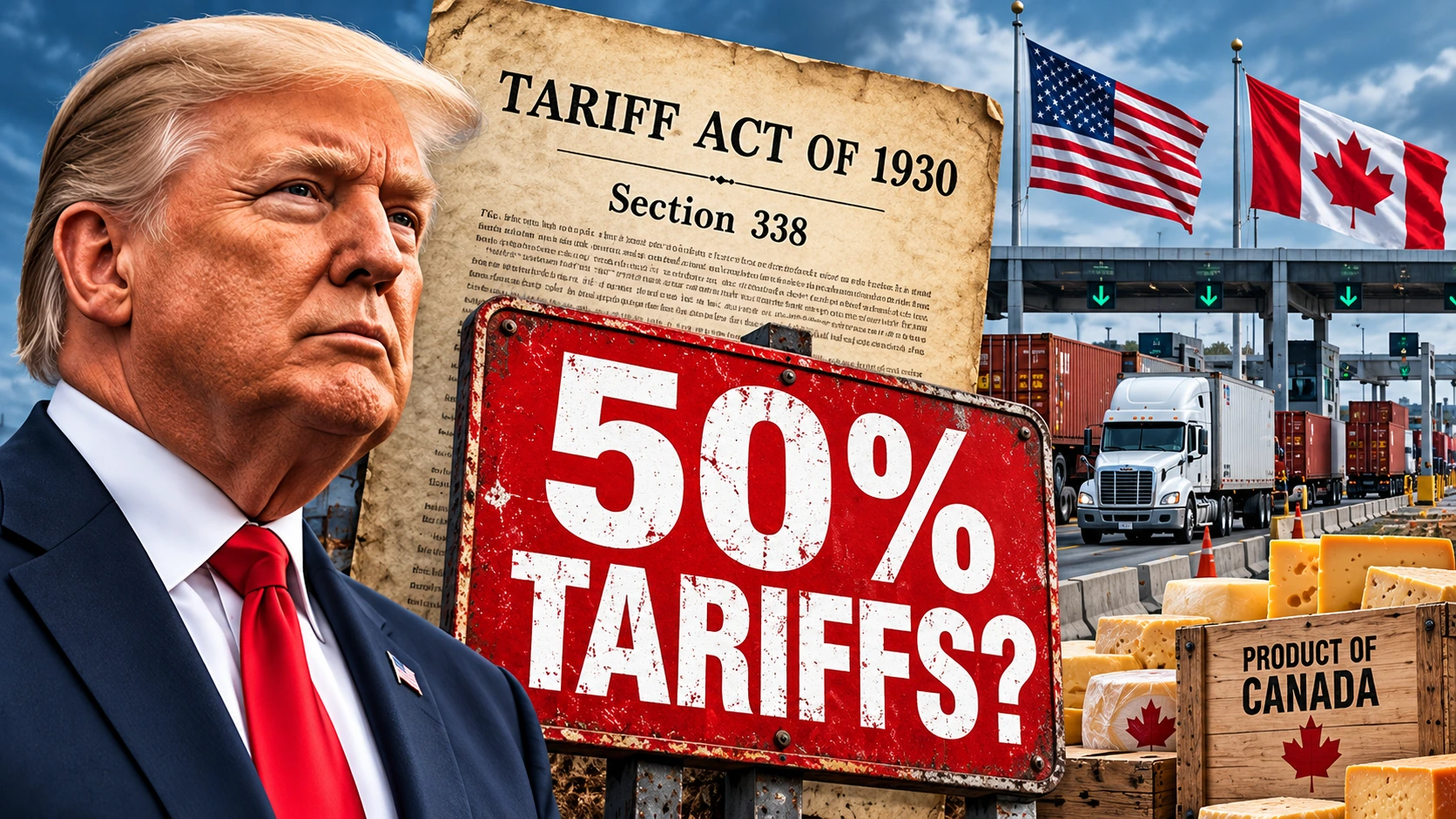 Editorial illustration showing a historic U.S. tariff law, Canadian imports, and a prominent 50 percent tariff symbol