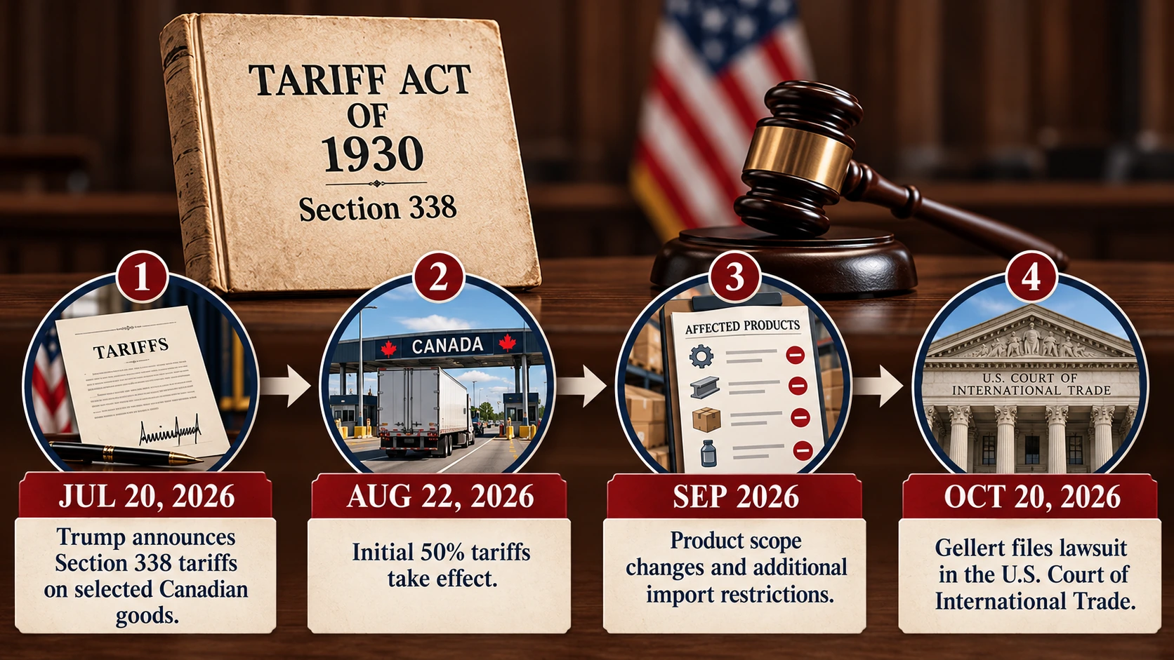Timeline of U.S. tariff actions against Canada from July through October 2026, ending with the Gellert Global lawsuit