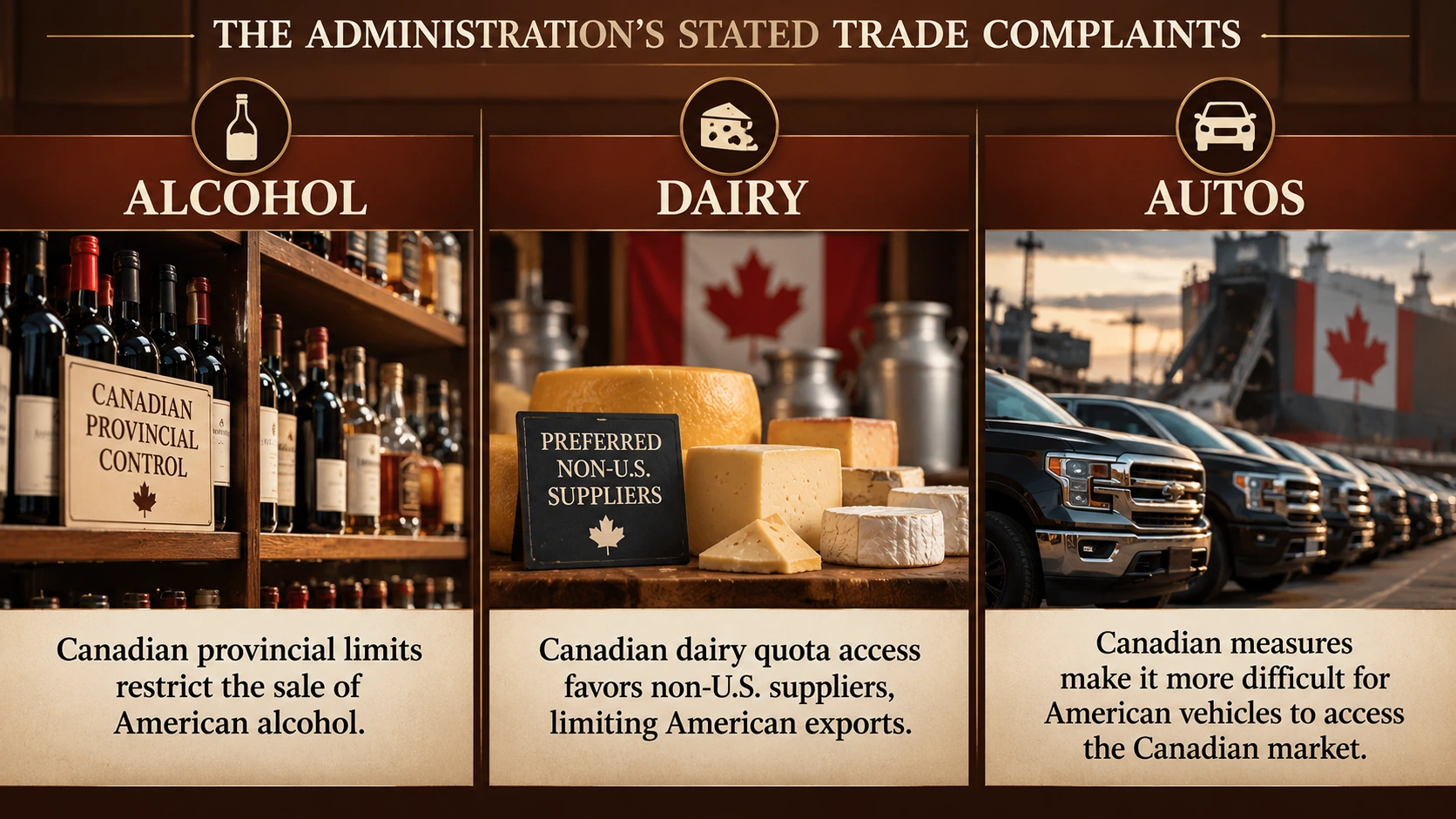 Three-panel infographic showing the U.S. administration's trade complaints involving Canadian alcohol policies, dairy market access, and vehicle tariffs