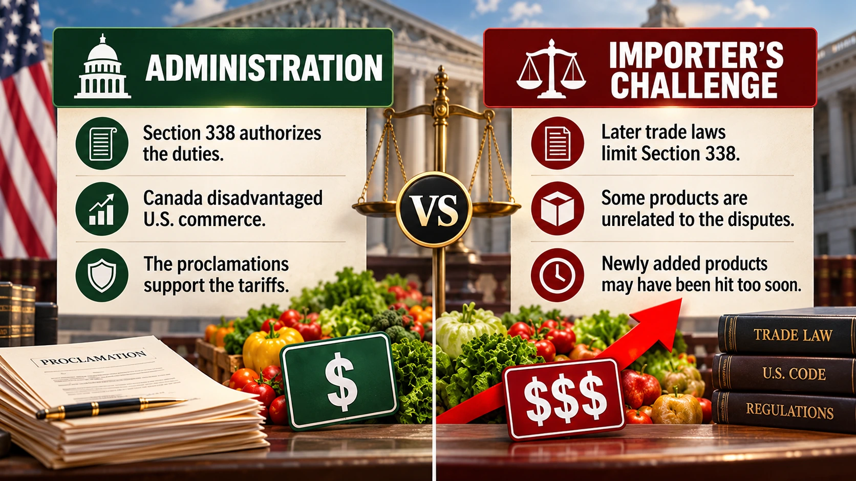 Comparison infographic showing the Trump administration's interpretation of Section 338 and the legal challenges raised by an American food importer
